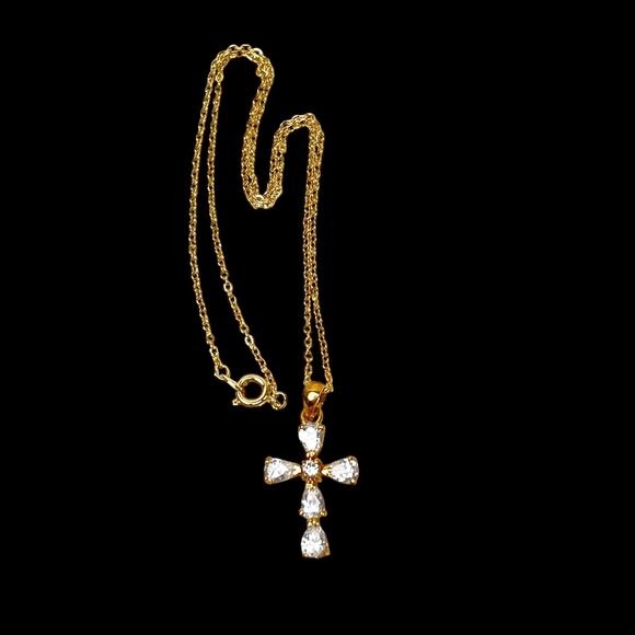 Cross Pendant Necklace Rhinestones Open Back Delicate Goldtone Chain Elegant 15" - Picture 11 of 15